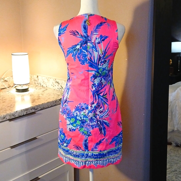 Lilly Pulitzer Pink & Blue Tropical Palm Floral Pattern Sheath Dress Size 00 - Picture 9 of 11